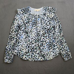 LOFT Women S Blue Animal Print Smocked Blouse Ruffles Long Puff Sleeve